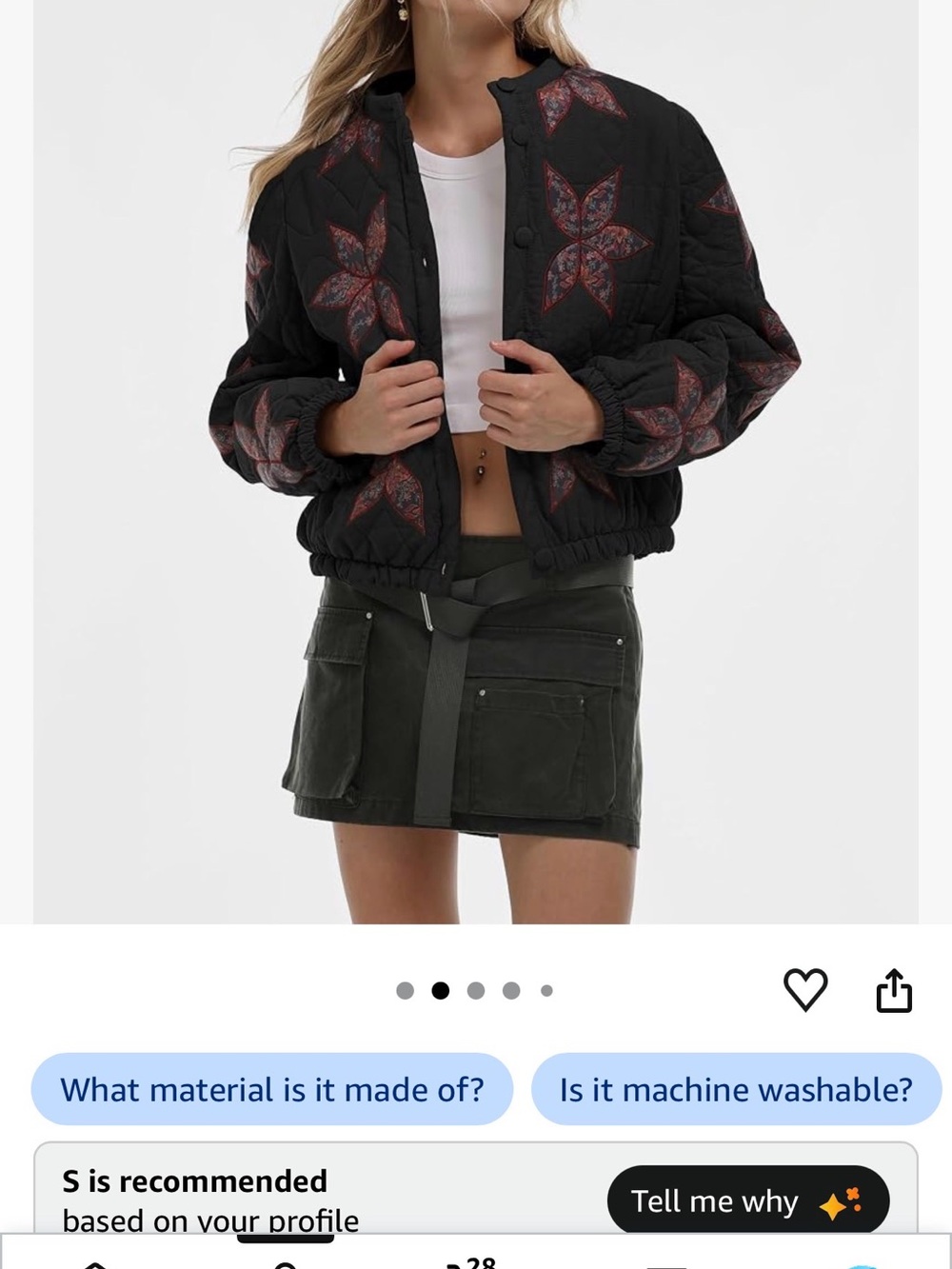 Black Quilted Bomber Jacket with Red Floral Print